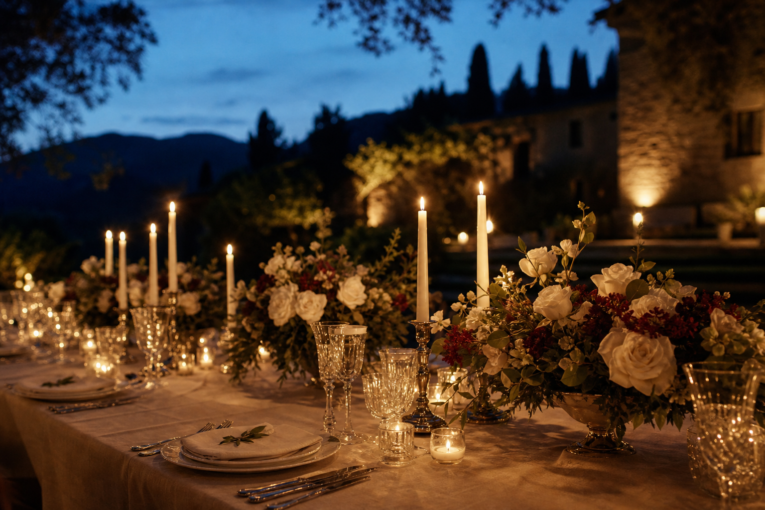 A candlelit wedding table at twilight