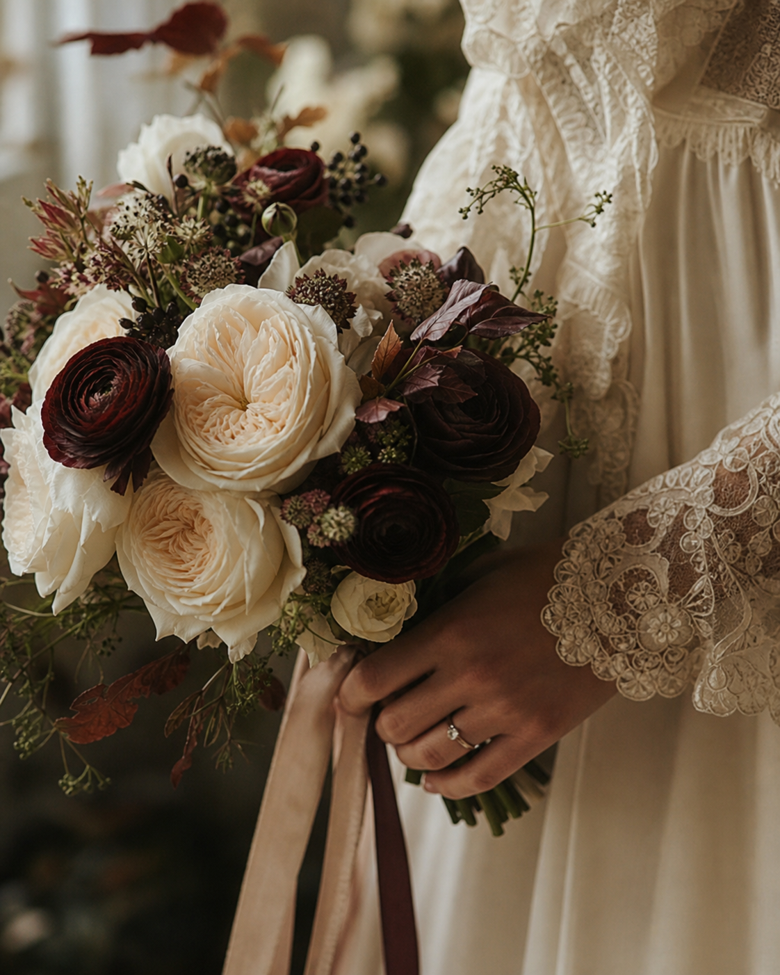 Ivory and burgundy wedding bouquet framed by lace