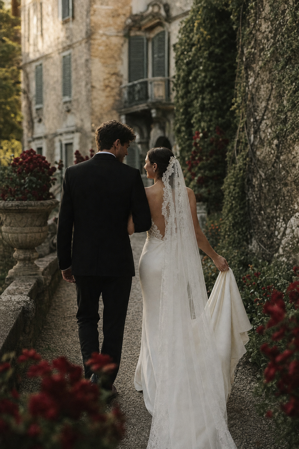 A couple walking through an old garden